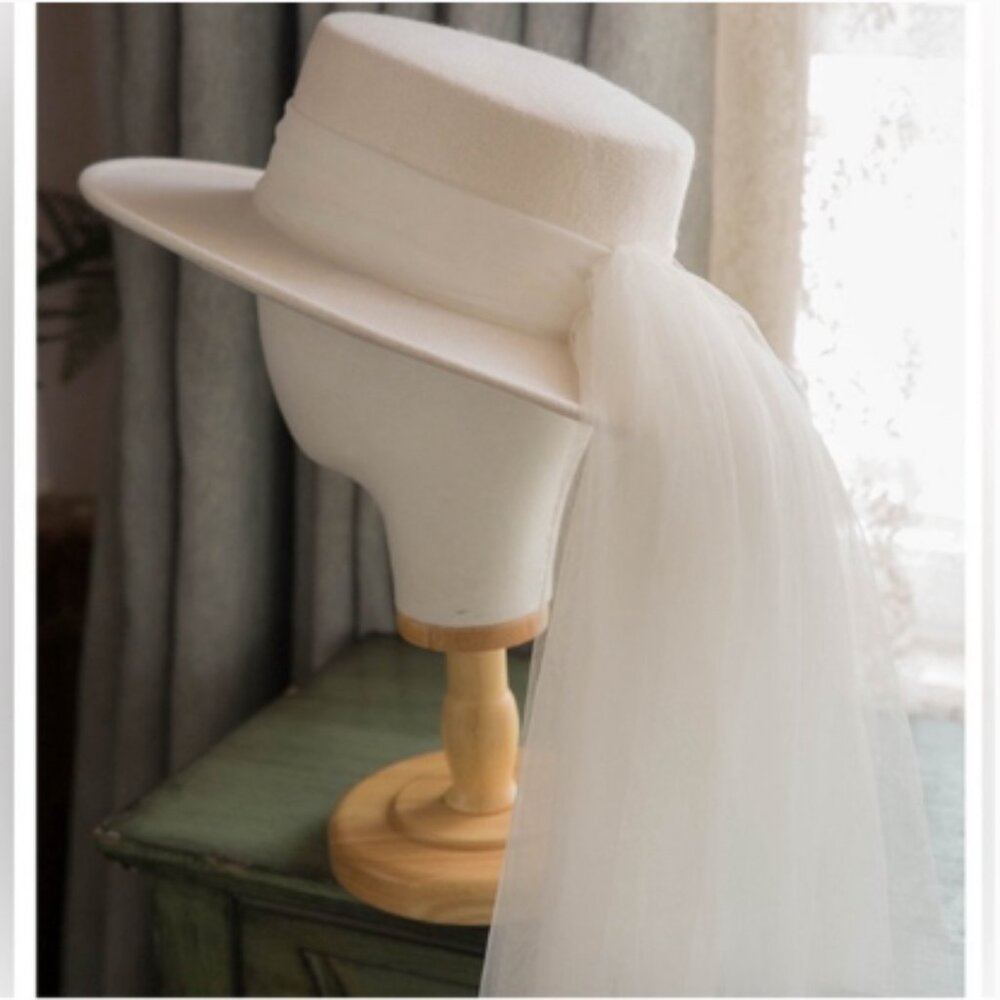 White Veiled Boater Hat - Women's Formal Hat - Picture 3 of 7